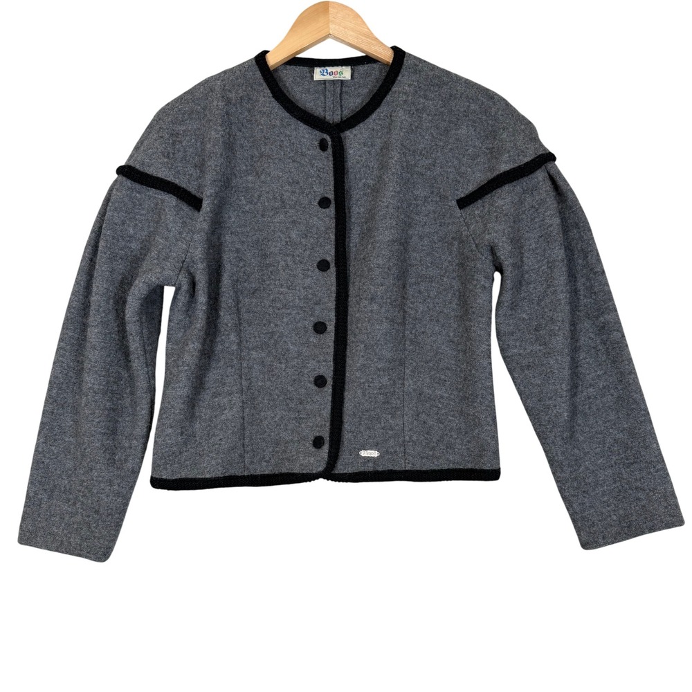 VTG Boos Austria Gray Boiled Wool Trachten Cardigan Sweater Black‎ Trim L READ